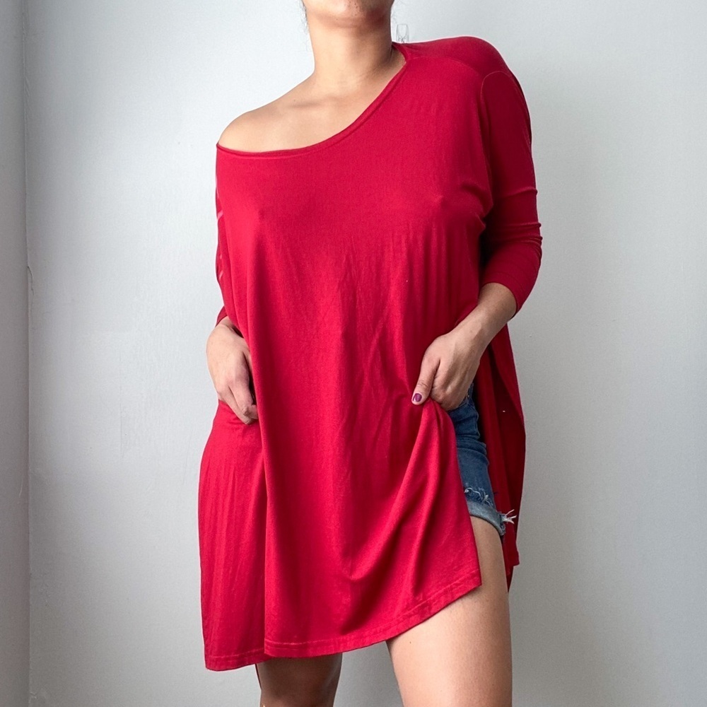 Free People Beach 3/4 Sleeve Slouchy Red Longline Tunic Shirt Small
